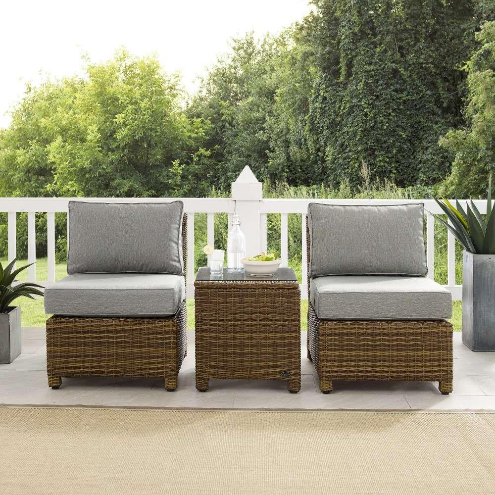 Crosley Furniture - Bradenton 3Pc Outdoor Wicker Chair Set Gray- Weathered Brown - Side Table and 2 Armless Chairs - KO70174WB-GY veiw 2