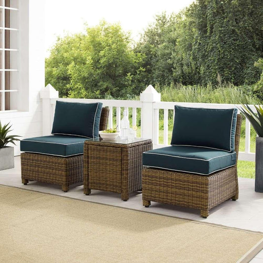 Crosley Furniture - Bradenton 3Pc Outdoor Wicker Chair Set Navy-Weathered Brown - Side Table and 2 Armless Chairs - KO70174WB-NV veiw 1