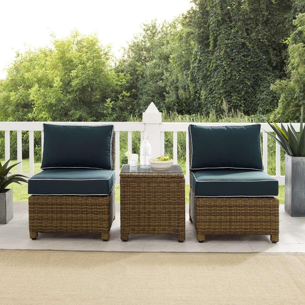 Crosley Furniture - Bradenton 3Pc Outdoor Wicker Chair Set Navy-Weathered Brown - Side Table and 2 Armless Chairs - KO70174WB-NV veiw 2