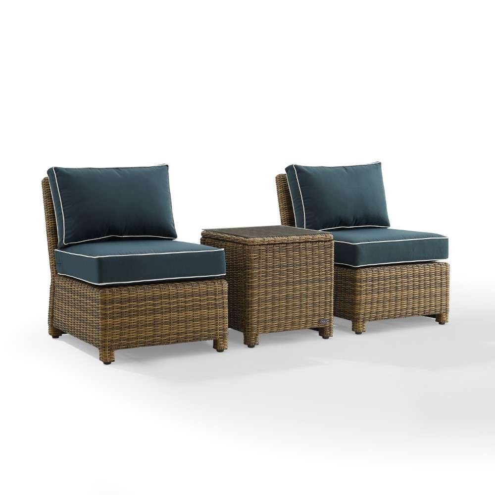 Crosley Furniture - Bradenton 3Pc Outdoor Wicker Chair Set Navy-Weathered Brown - Side Table and 2 Armless Chairs - KO70174WB-NV veiw 5