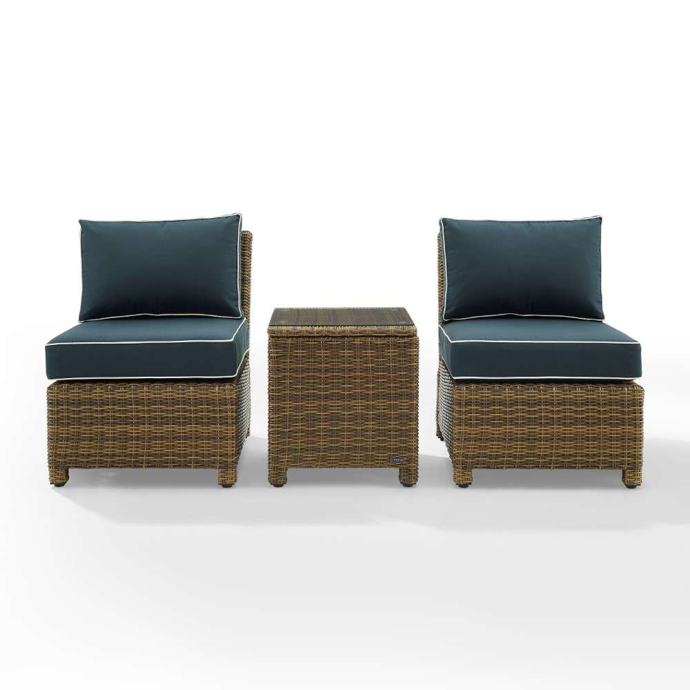 Crosley Furniture - Bradenton 3Pc Outdoor Wicker Chair Set Navy-Weathered Brown - Side Table and 2 Armless Chairs - KO70174WB-NV veiw 6
