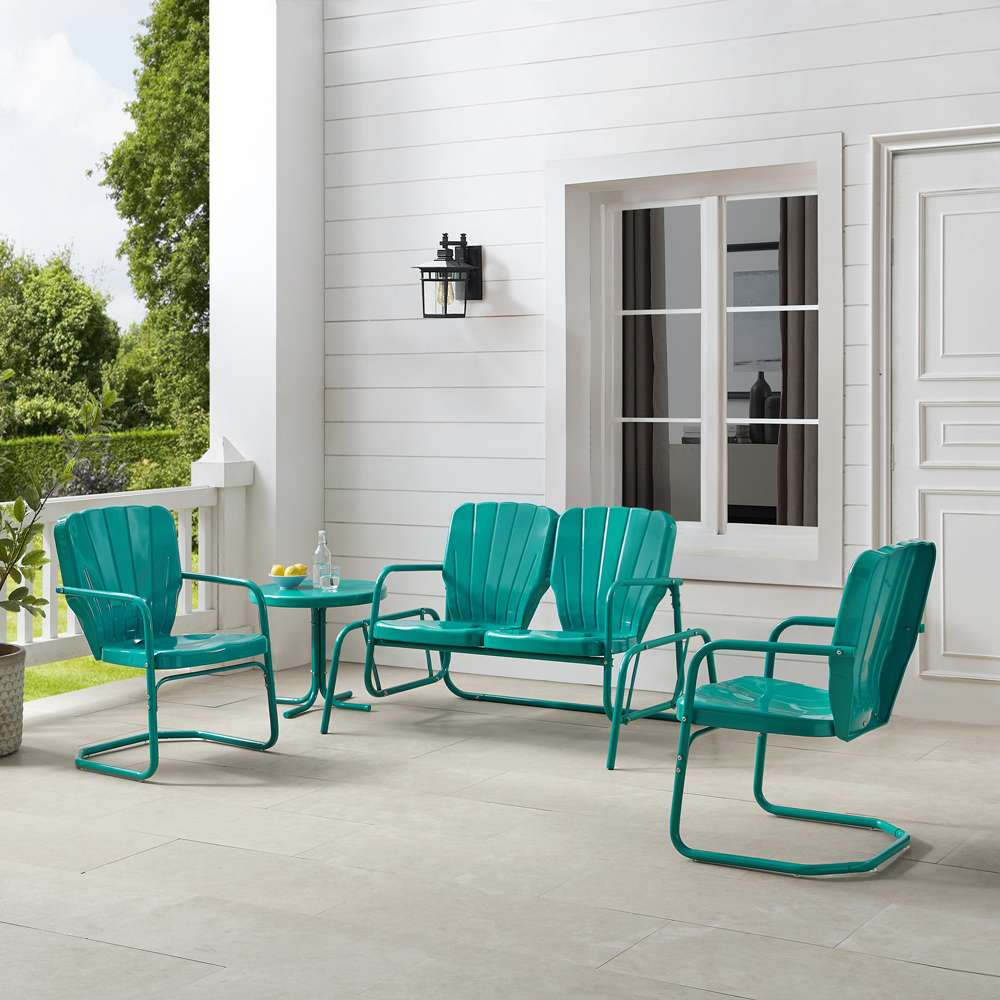 Crosley Furniture - Ridgeland 4Pc Outdoor Metal Conversation Set Turquoise Gloss - Loveseat Glider, Side Table, & 2 Armchairs - KO10022TU veiw 1