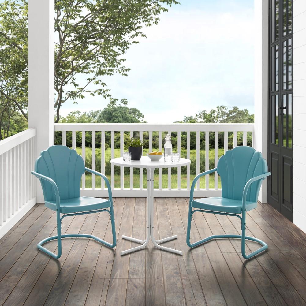 Crosley Furniture - Tulip 3 Piece Outdoor Bistro Set Pastel Blue Satin /White Satin - Bistro Table & 2 Chairs - KO10010BL veiw 4