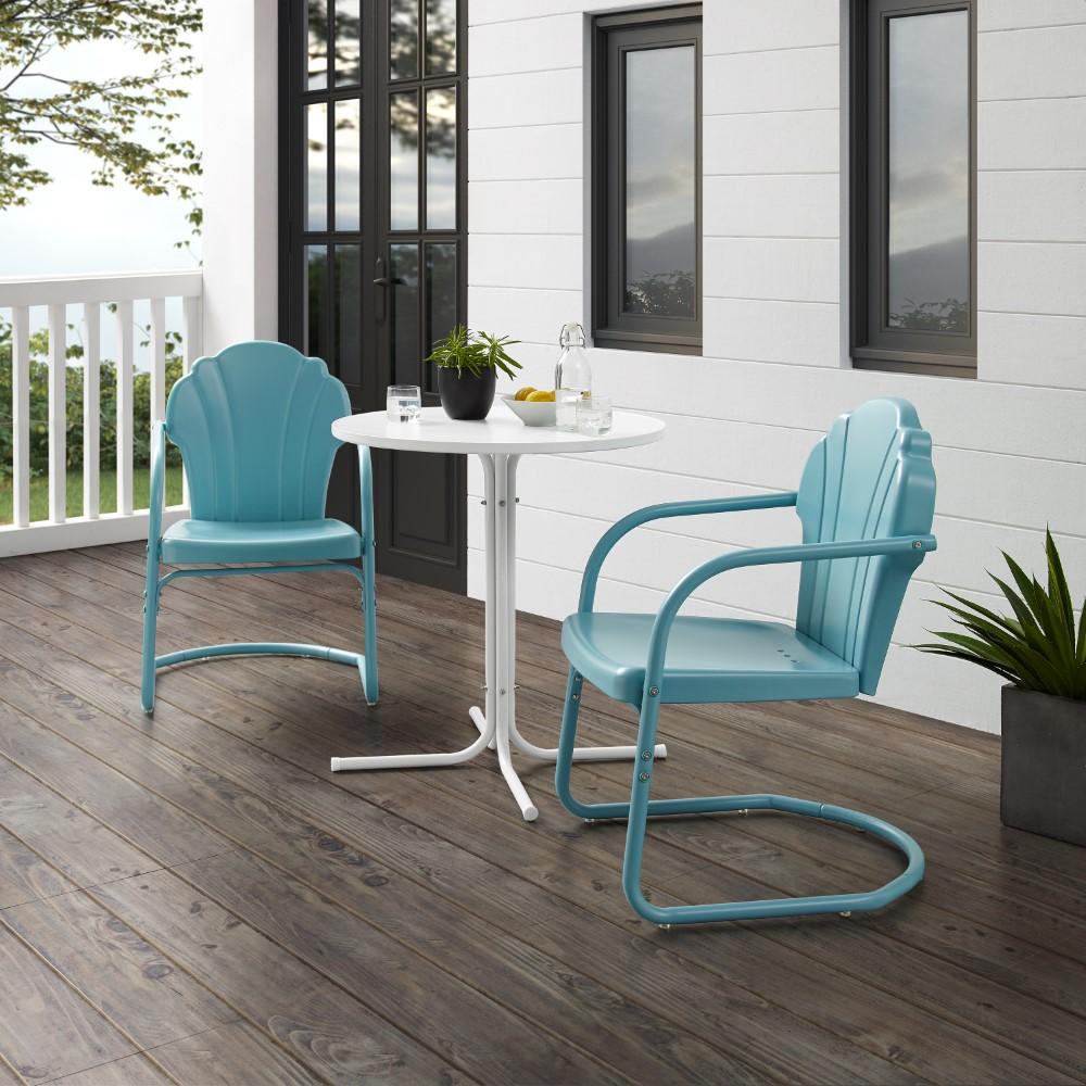 Crosley Furniture - Tulip 3 Piece Outdoor Bistro Set Pastel Blue Satin /White Satin - Bistro Table & 2 Chairs - KO10010BL veiw 8