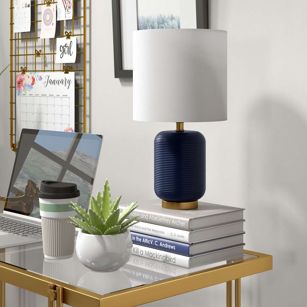 Hudson & Canal - Lambert 15in Tall Ceramic Mini Lamp with Fabric Shade in Matte Navy/White - ML1058 veiw 2