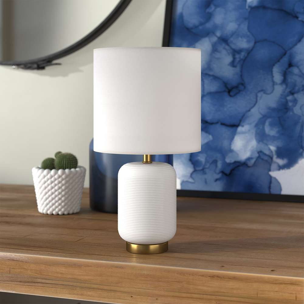 Hudson & Canal - Lambert 15in Tall Ceramic Mini Lamp with Fabric Shade in Matte White/Brass/White - ML0924 veiw 2