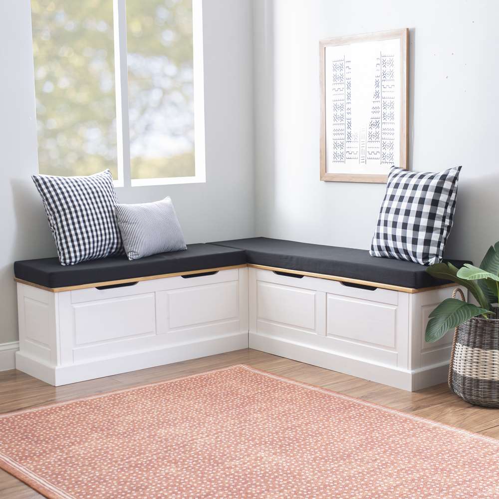 Linon Home Decor - Tobin Corner Nook Bench, Natural/White with Black Cushions - KNK169NWBLKSET veiw 1