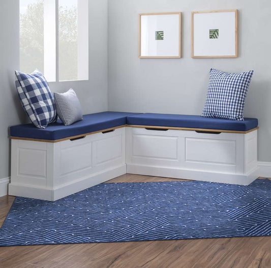 Linon Home Decor - Tobin Corner Nook Bench, Natural/White with Navy Cushions - KNK169NWNVYSET veiw 1