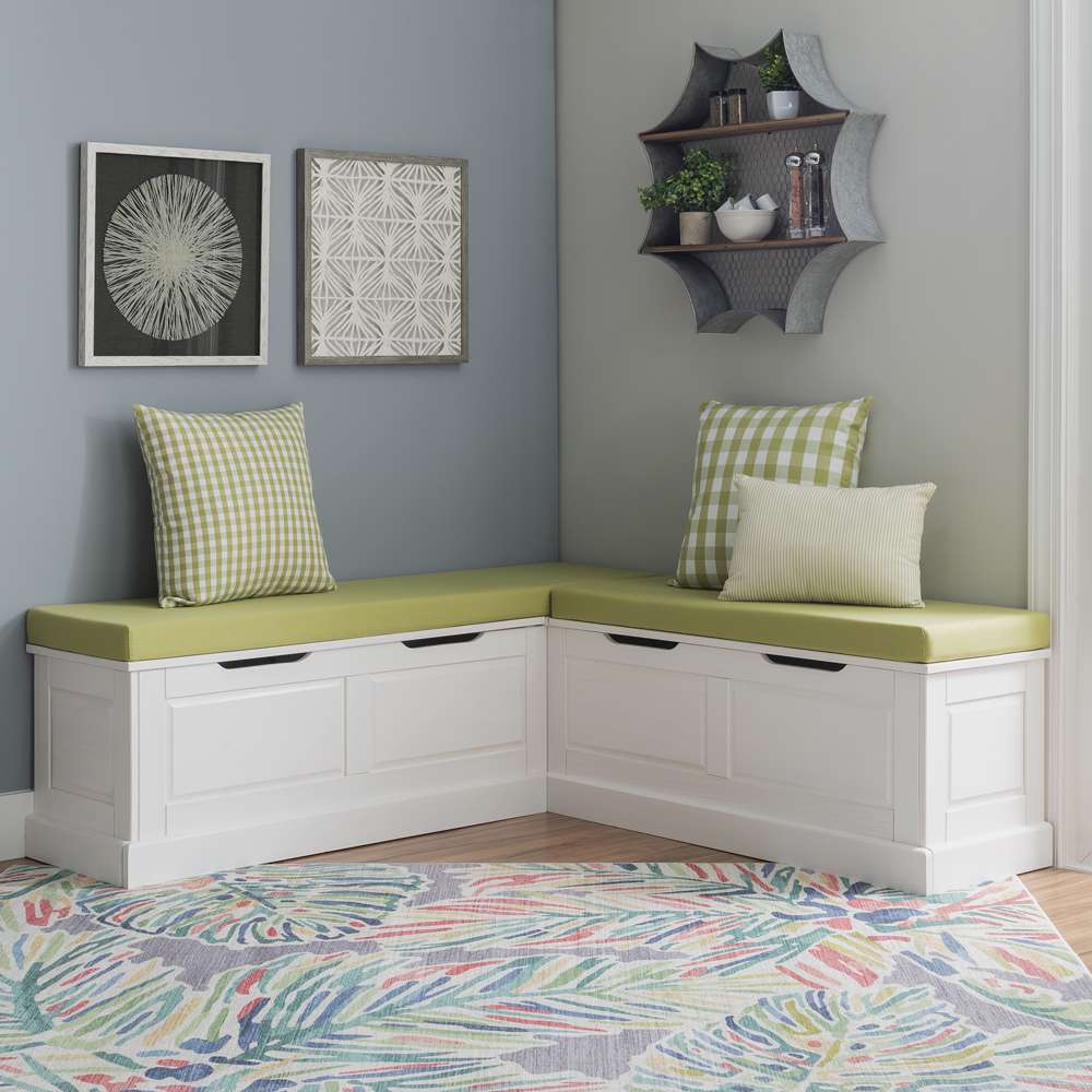 Linon Home Decor - Tobin Corner Nook Bench, White with Apple Green Cushions - KNK169WGRNSET veiw 1