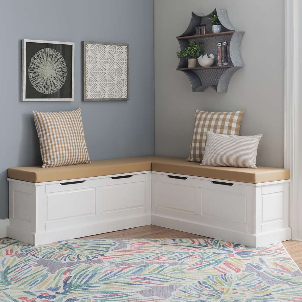 Linon Home Decor - Tobin Corner Nook Bench, White with Beige Cushions - KNK169WBGESET veiw 1
