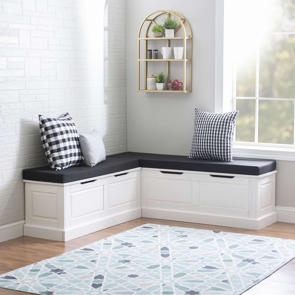 Linon Home Decor - Tobin Corner Nook Bench, White with Black Cushions - KNK169WBLKSET veiw 1