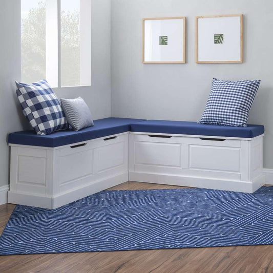 Linon Home Decor - Tobin Corner Nook Bench, White with Navy Cushions - KNK169WNVYSET veiw 1