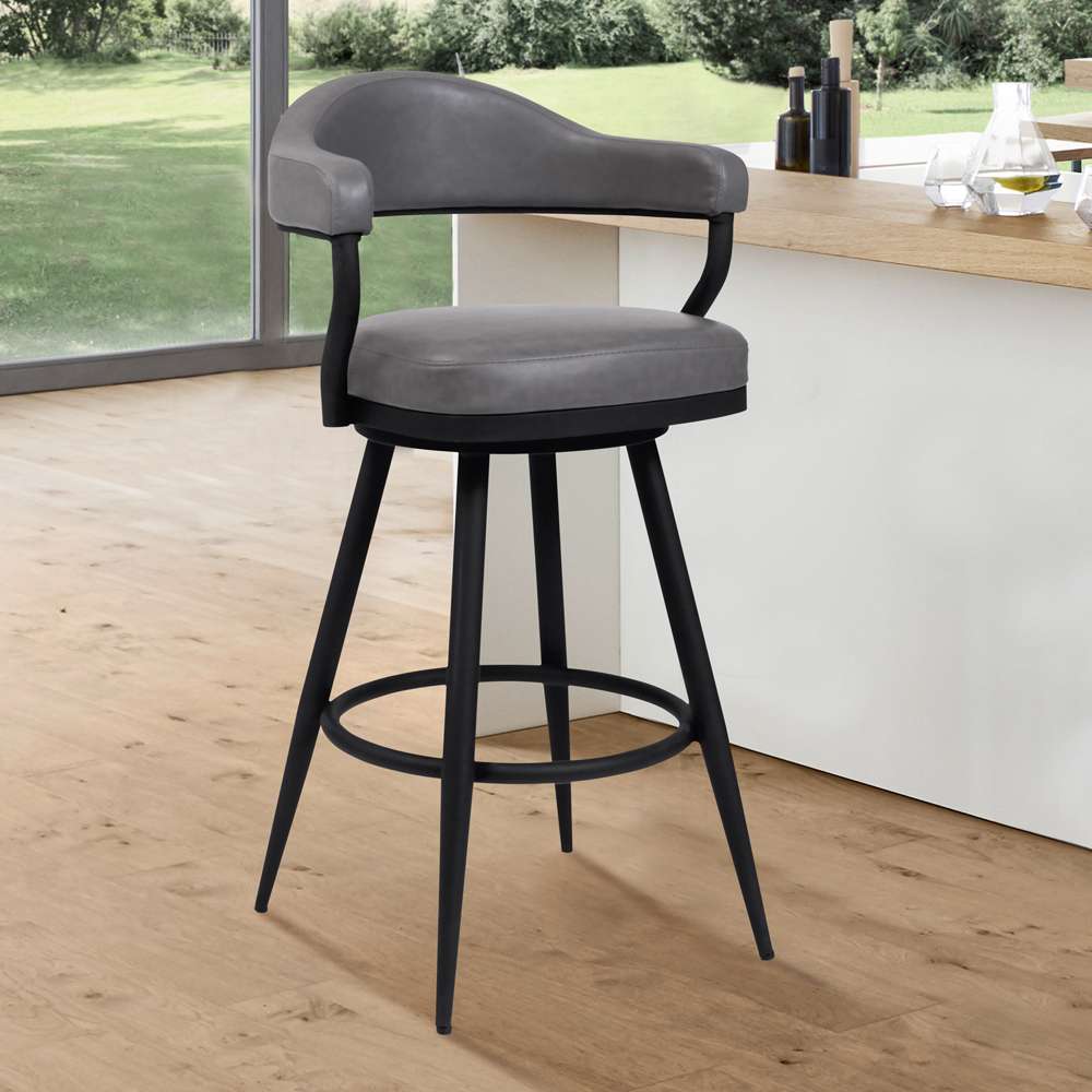 Armen Living - Amador 26in Counter Height Barstool in a Black Powder Coated Finish and Vintage Gray Faux Leather - 721535747009 veiw 6
