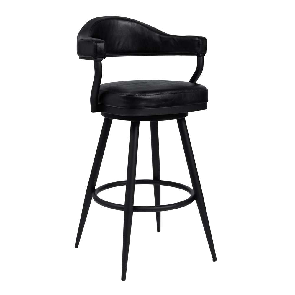Armen Living - Amador 30in Bar Height Barstool in a Black Powder Coated Finish and Vintage Black Faux Leather - 721535746972 veiw 1