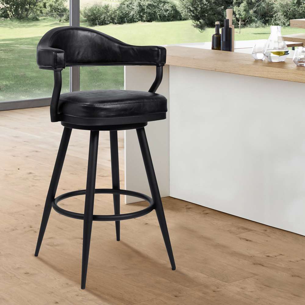 Armen Living - Amador 30in Bar Height Barstool in a Black Powder Coated Finish and Vintage Black Faux Leather - 721535746972 veiw 6