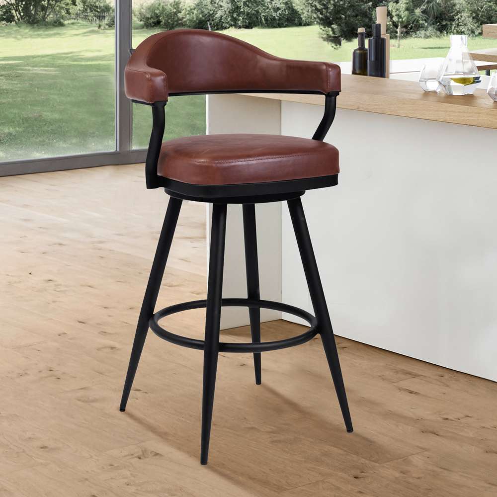 Armen Living - Amador 30in Bar Height Barstool in a Black Powder Coated Finish and Vintage Coffee Faux Leather - 721535746996 veiw 6