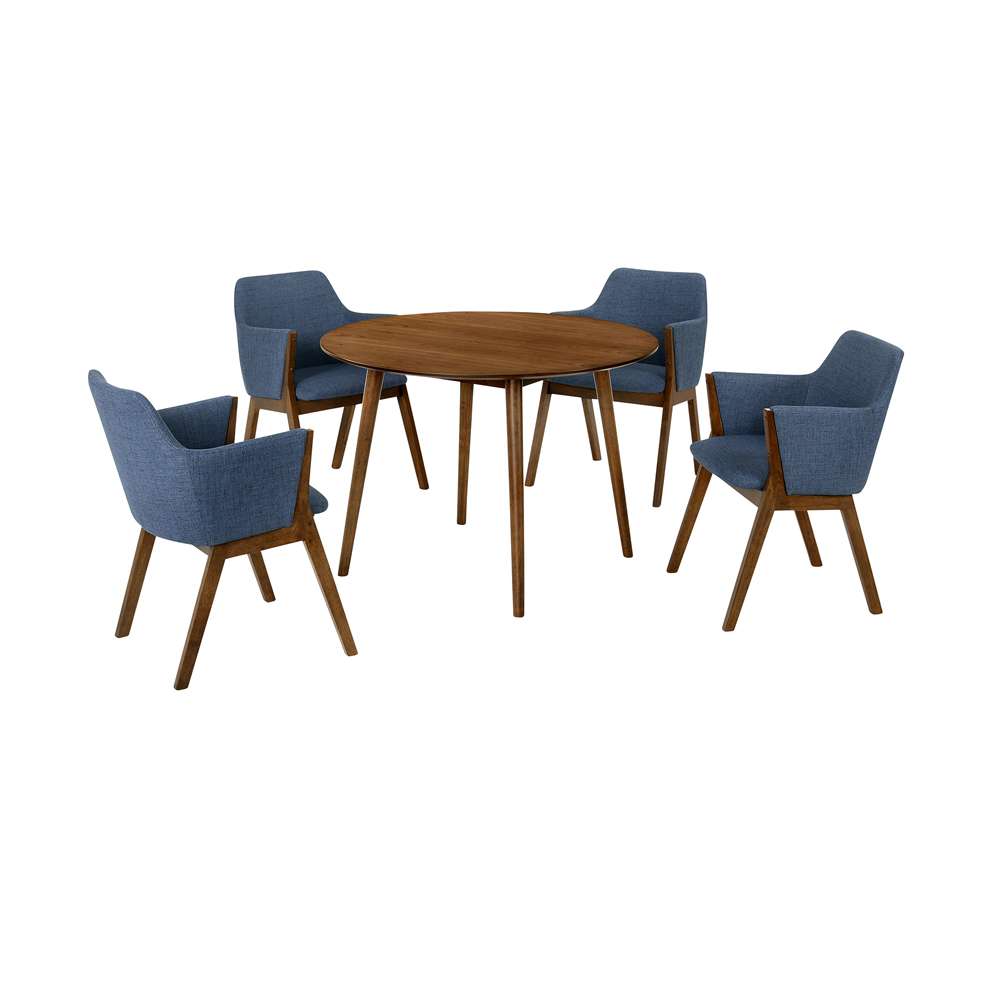 Armen Living - Arcadia and Renzo 42in Round Blue and Walnut Wood 5 Piece Dining Set - SETARDI5REWABLU42 veiw 1