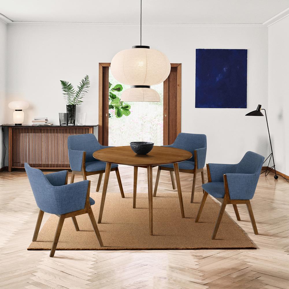 Armen Living - Arcadia and Renzo 42in Round Blue and Walnut Wood 5 Piece Dining Set - SETARDI5REWABLU42 veiw 8