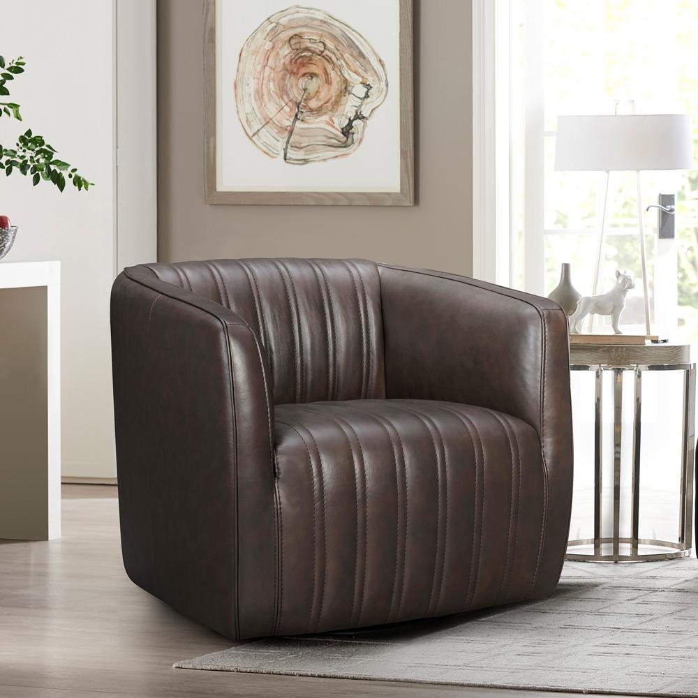 Armen Living - Aries Espresso Genuine Leather Swivel Barrel Chair - LCARCHES veiw 7