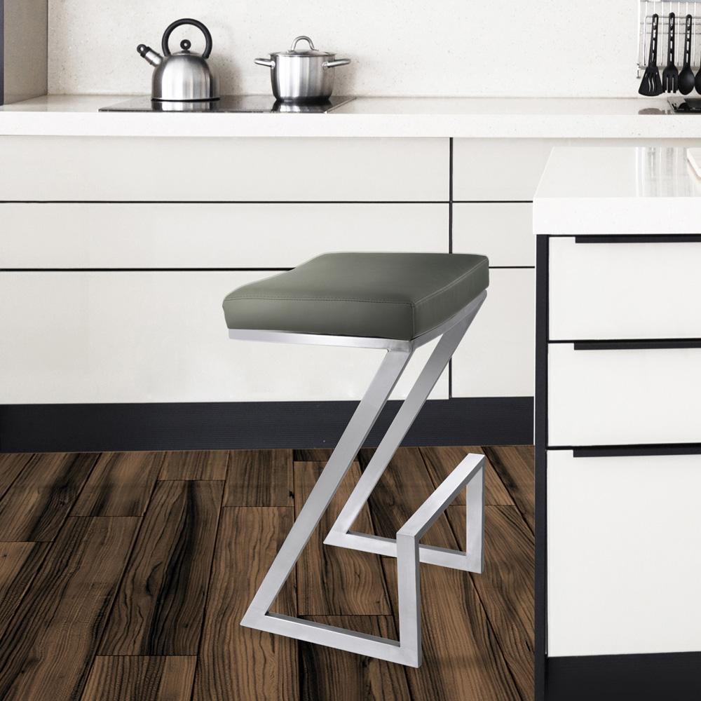 Armen Living - Atlantis 26in Counter Height Backless Grey Faux Leather and Brushed Stainless Steel Bar Stool - LCAT26BAGR veiw 5