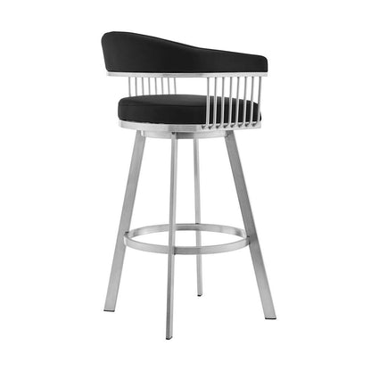Armen Living - Bronson 25in Black Faux Leather and Brushed Stainless Steel Swivel Bar Stool - 721535762200 veiw 3