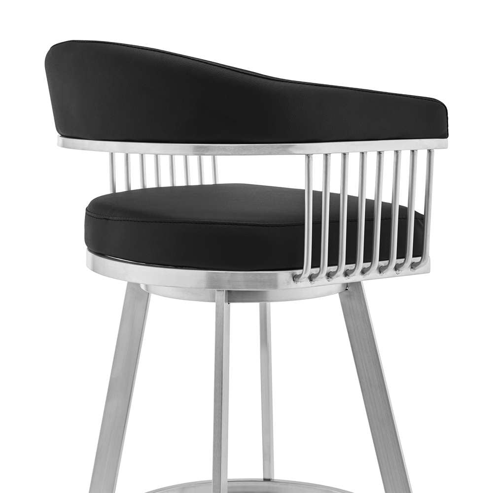 Armen Living - Bronson 25in Black Faux Leather and Brushed Stainless Steel Swivel Bar Stool - 721535762200 veiw 5