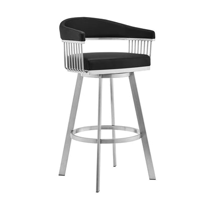 Armen Living - Bronson 29in Black Faux Leather and Brushed Stainless Steel Swivel Bar Stool - 721535762217 veiw 1