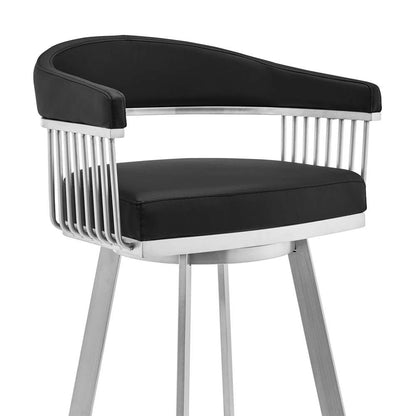 Armen Living - Bronson 29in Black Faux Leather and Brushed Stainless Steel Swivel Bar Stool - 721535762217 veiw 4