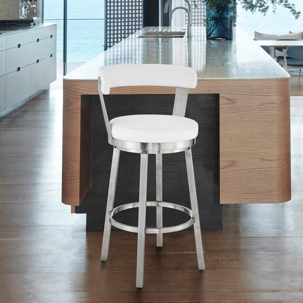 Armen Living - Bryant 26in Counter Height Swivel Bar Stool in Brushed Stainless Steel Finish and White Faux Leather - LCBYBABSWH26 veiw 8