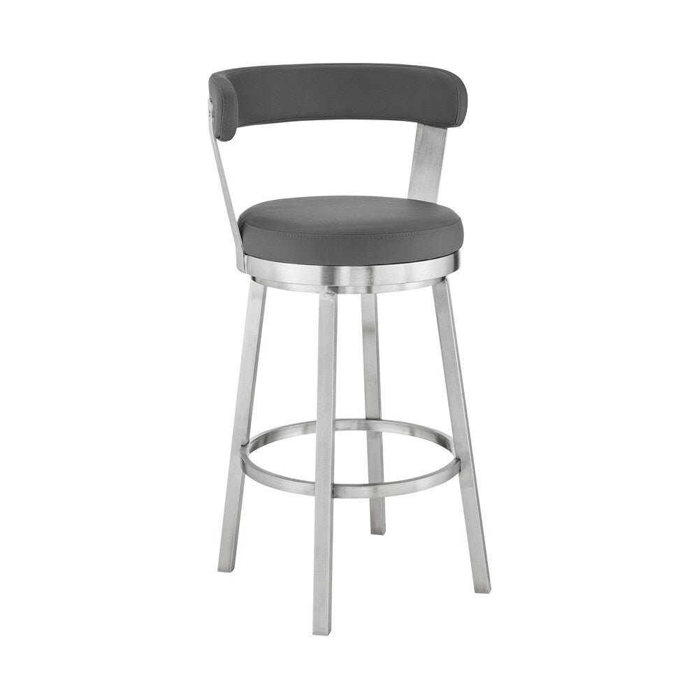 Armen Living - Bryant 26in Counter Height Swivel Bar Stool in Brushed Stainless Steel Finish and Gray Faux Leather - LCBYBABSGR26 veiw 1