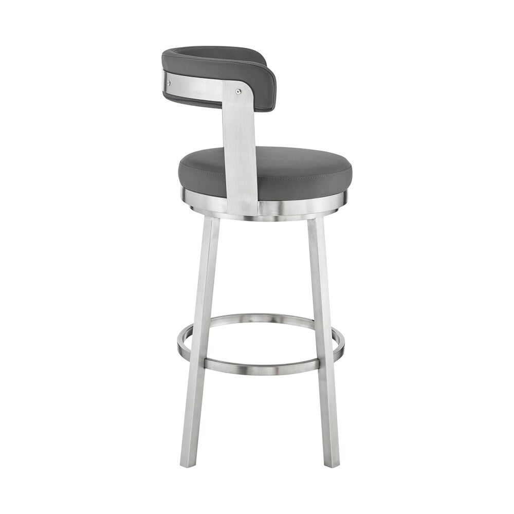 Armen Living - Bryant 26in Counter Height Swivel Bar Stool in Brushed Stainless Steel Finish and Gray Faux Leather - LCBYBABSGR26 veiw 3