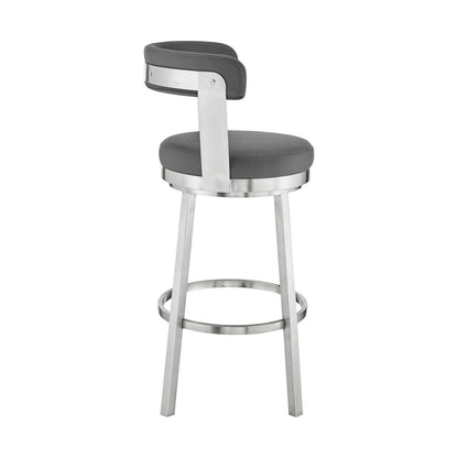 Armen Living - Bryant 26in Counter Height Swivel Bar Stool in Brushed Stainless Steel Finish and Gray Faux Leather - LCBYBABSGR26 veiw 3