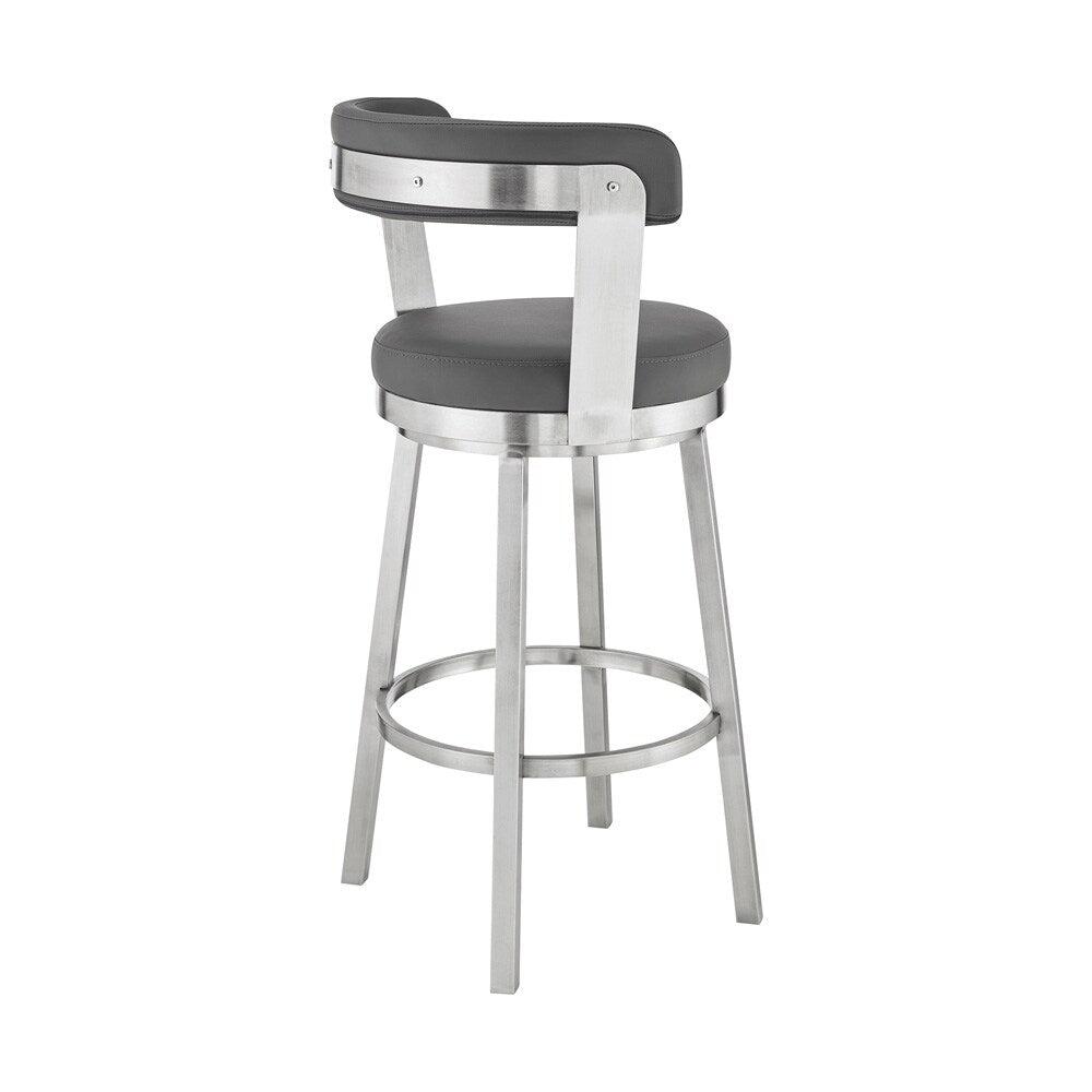 Armen Living - Bryant 26in Counter Height Swivel Bar Stool in Brushed Stainless Steel Finish and Gray Faux Leather - LCBYBABSGR26 veiw 4