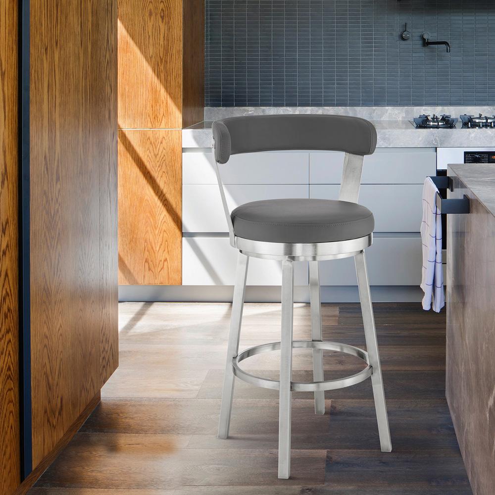 Armen Living - Bryant 26in Counter Height Swivel Bar Stool in Brushed Stainless Steel Finish and Gray Faux Leather - LCBYBABSGR26 veiw 8
