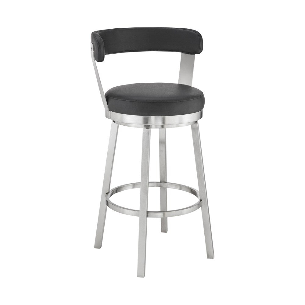 Armen Living - Bryant 30in Bar Height Swivel Bar Stool in Brushed Stainless Steel Finish and Black Faux Leather - LCBYBABSBL30 veiw 1