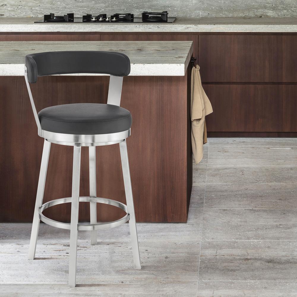 Armen Living - Bryant 30in Bar Height Swivel Bar Stool in Brushed Stainless Steel Finish and Black Faux Leather - LCBYBABSBL30 veiw 8