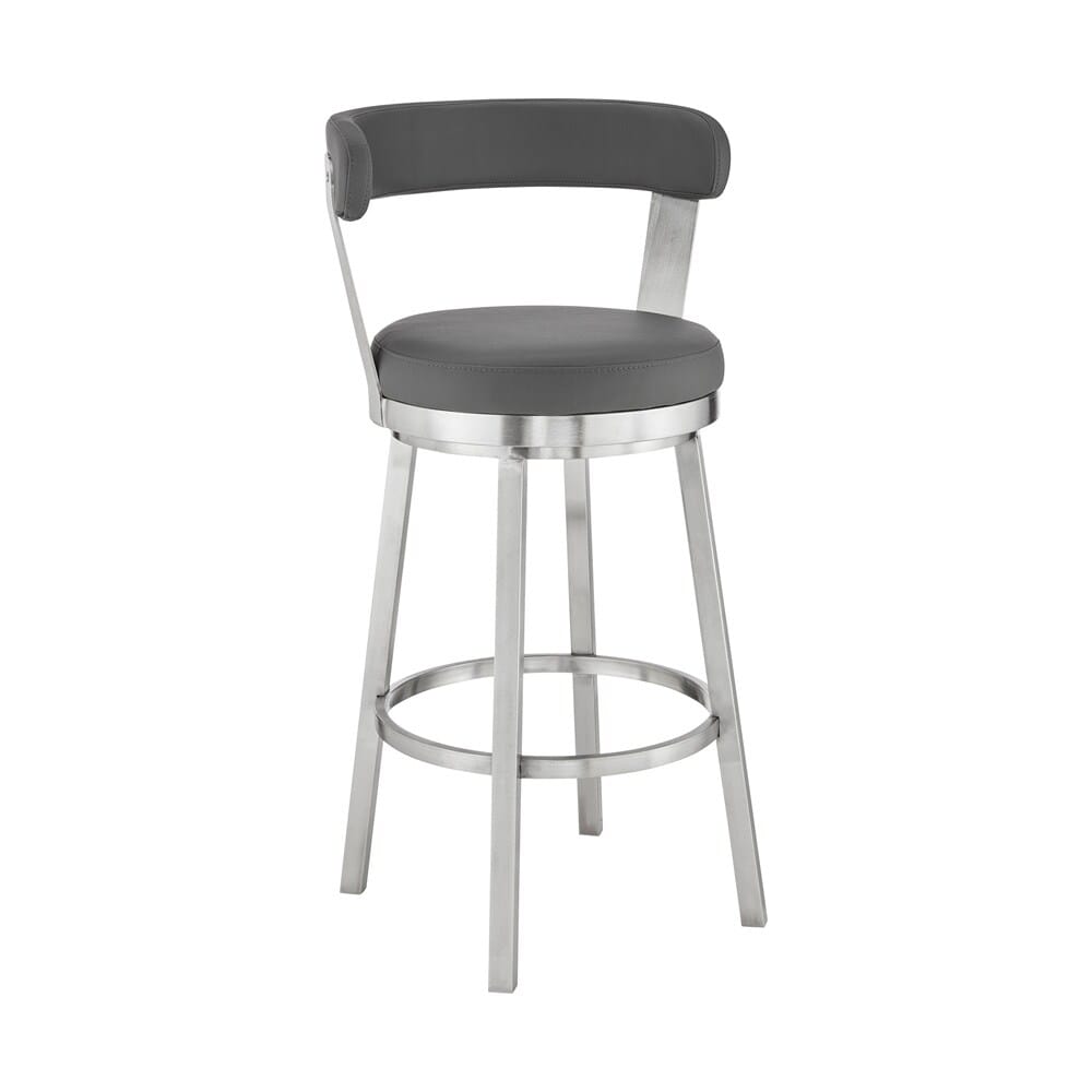 Armen Living - Bryant 30in Bar Height Swivel Bar Stool in Brushed Stainless Steel Finish and Gray Faux Leather - LCBYBABSGR30 veiw 1