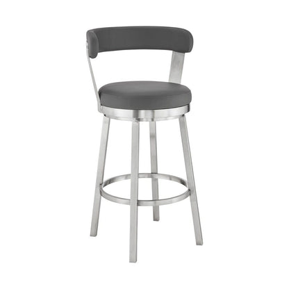 Armen Living - Bryant 30in Bar Height Swivel Bar Stool in Brushed Stainless Steel Finish and Gray Faux Leather - LCBYBABSGR30 veiw 1