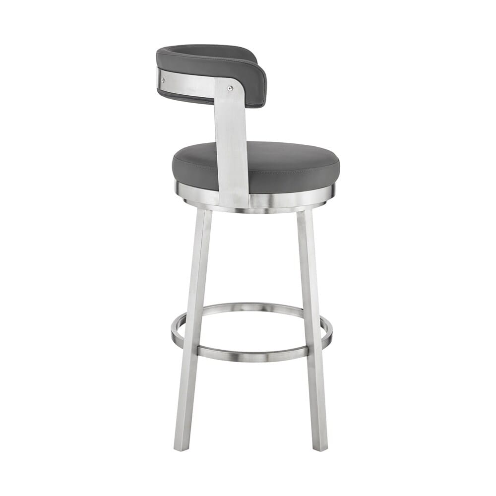 Armen Living - Bryant 30in Bar Height Swivel Bar Stool in Brushed Stainless Steel Finish and Gray Faux Leather - LCBYBABSGR30 veiw 3