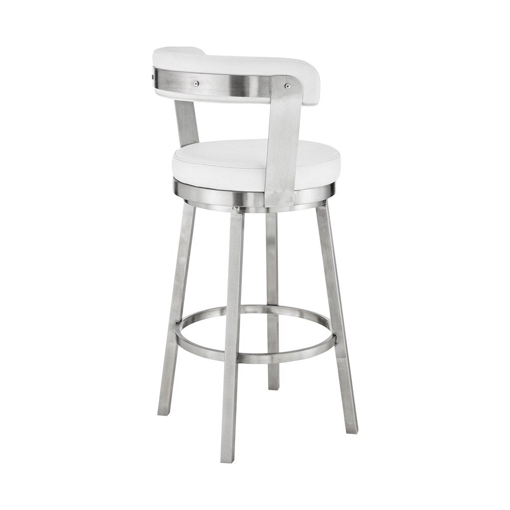 Armen Living - Bryant 30in Bar Height Swivel Bar Stool in Brushed Stainless Steel Finish and White Faux Leather - LCBYBABSWH30 veiw 4