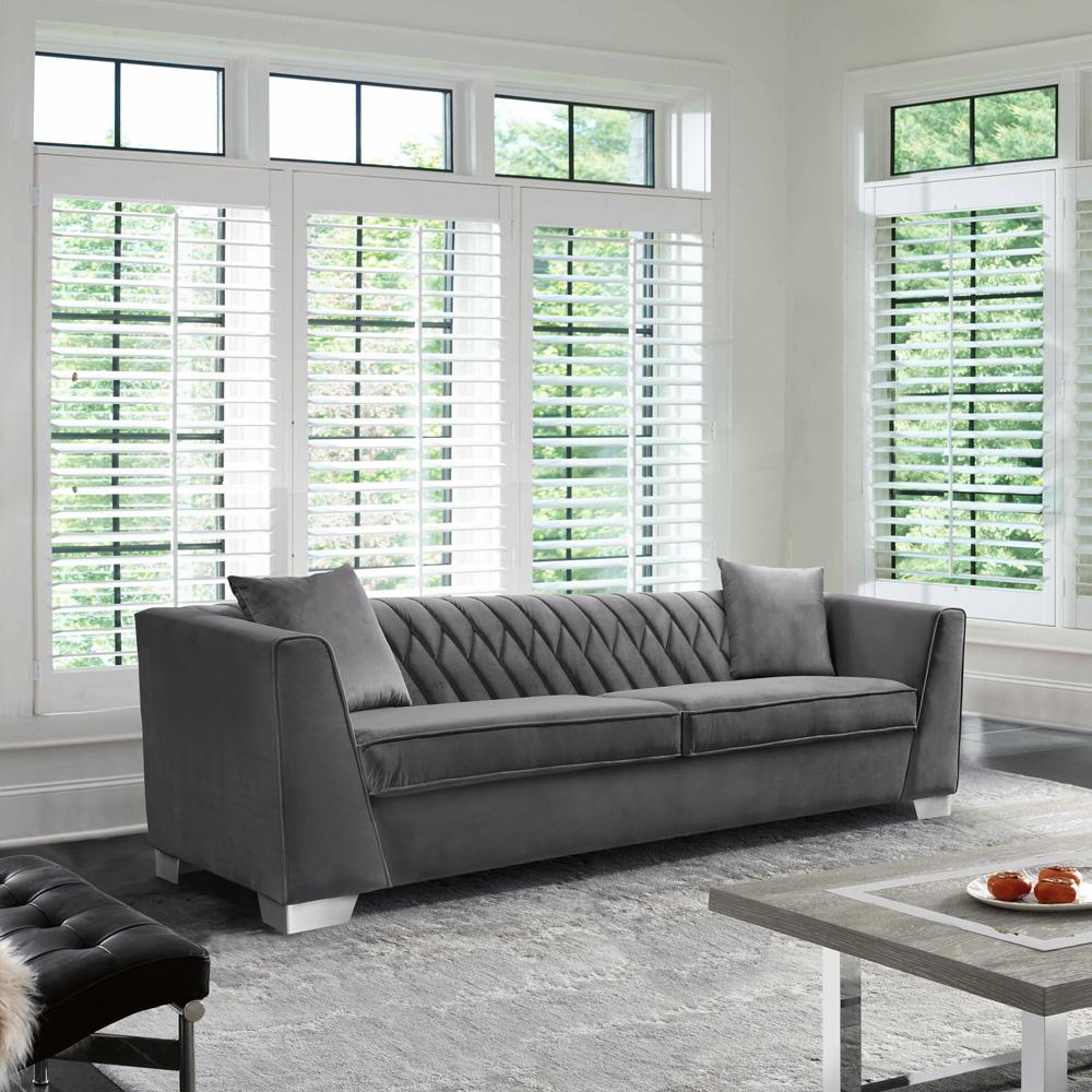 Armen Living - Cambridge Contemporary Sofa in Brushed Stainless Steel and Dark Gray Velvet - LCCM3GR veiw 3