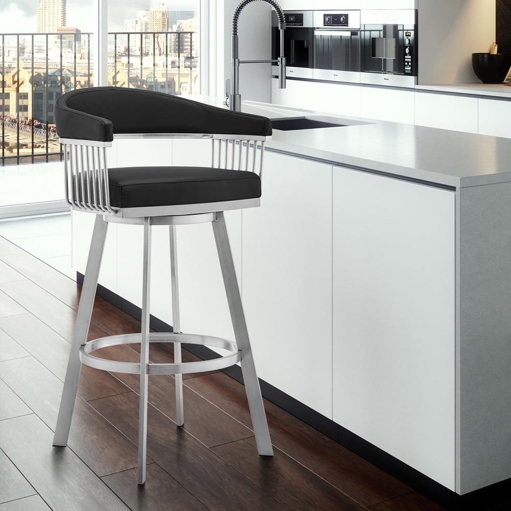 Armen Living - Chelsea 26in Black Faux Leather and Brushed Stainless Steel Swivel Bar Stool - LCCSBABSBL26 veiw 7