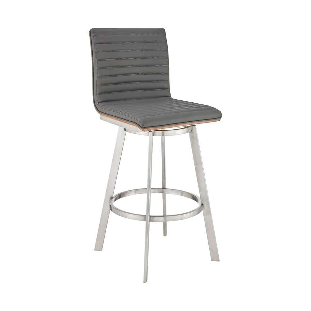 Armen Living - Jermaine 30in Bar Height Swivel Bar Stool in Brushed Stainless Steel Finish and Gray Faux Leather - 721535762057 veiw 1