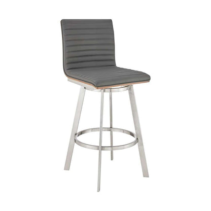 Armen Living - Jermaine 30in Bar Height Swivel Bar Stool in Brushed Stainless Steel Finish and Gray Faux Leather - 721535762057 veiw 1
