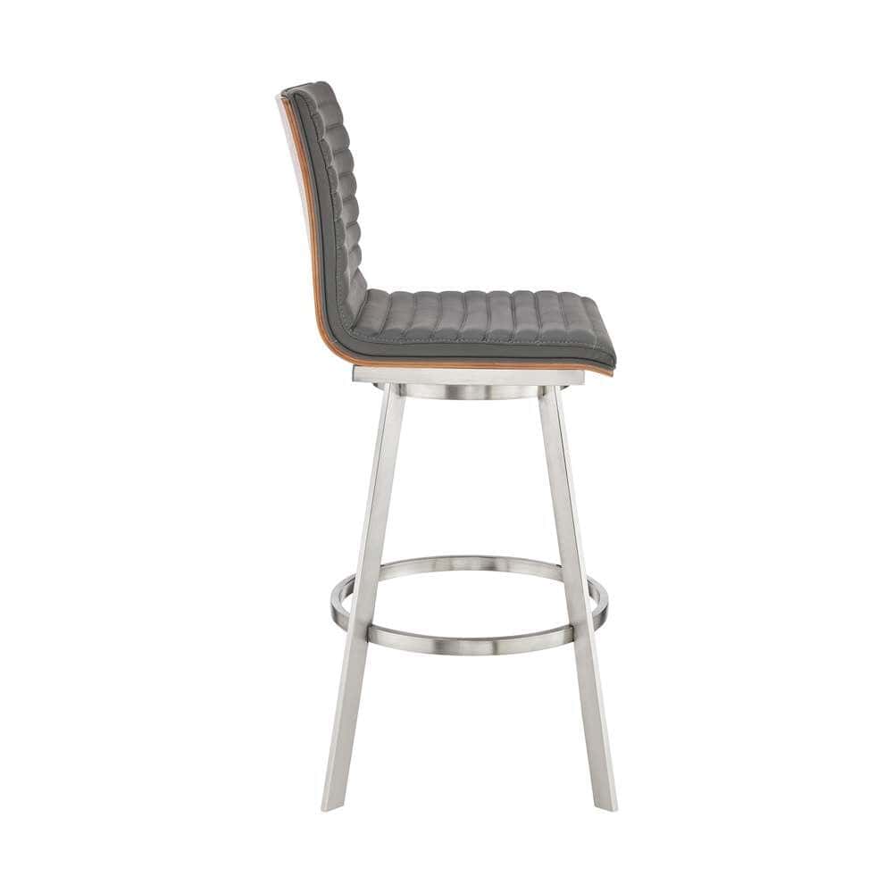 Armen Living - Jermaine 30in Bar Height Swivel Bar Stool in Brushed Stainless Steel Finish and Gray Faux Leather - 721535762057 veiw 3