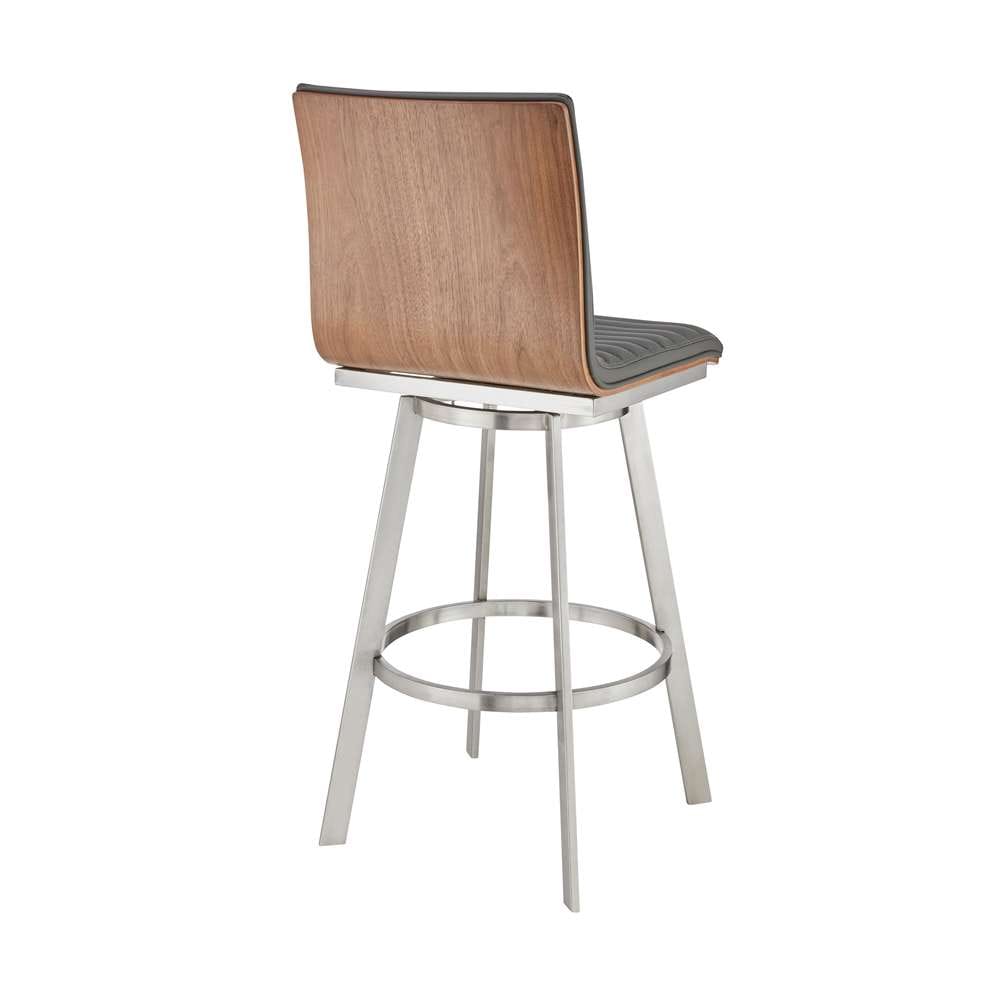 Armen Living - Jermaine 30in Bar Height Swivel Bar Stool in Brushed Stainless Steel Finish and Gray Faux Leather - 721535762057 veiw 4