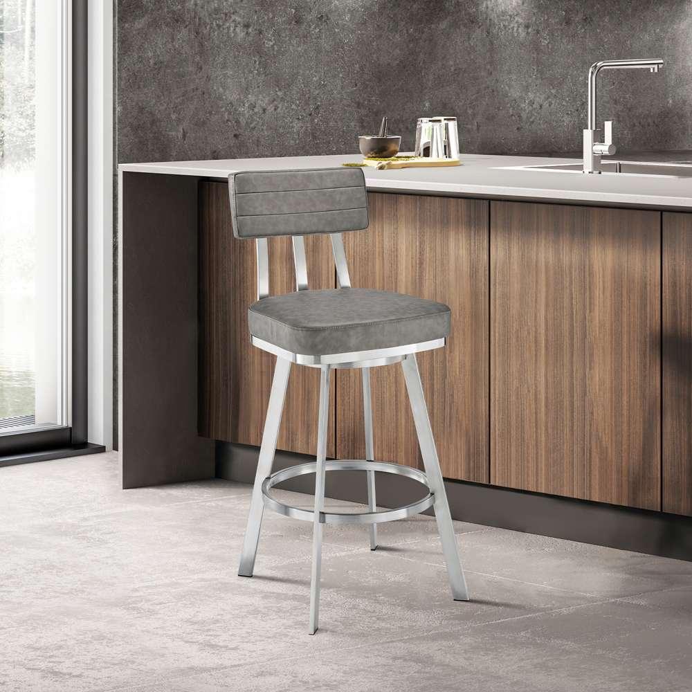 Armen Living - Jinab Swivel Bar Stool in Brushed Stainless Steel with Grey Faux Leather - 840254335295 veiw 7