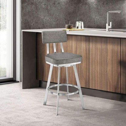 Armen Living - Jinab Swivel Bar Stool in Brushed Stainless Steel with Grey Faux Leather - 840254335295 veiw 7