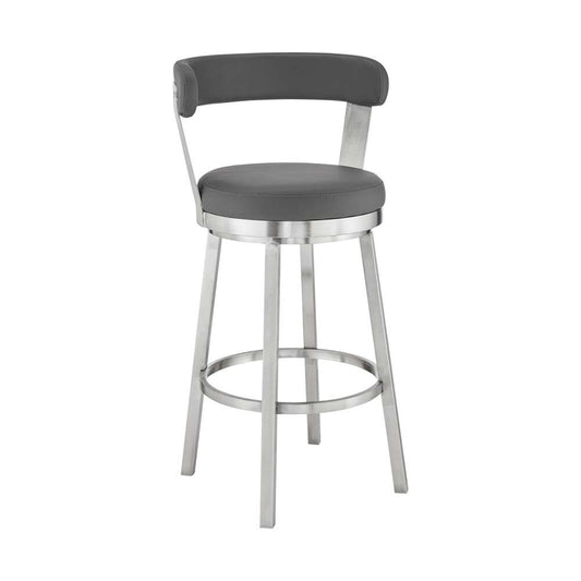 Armen Living - Kobe 26in Counter Height Swivel Bar Stool in Brushed Stainless Steel Finish and Gray Faux Leather - 721535761807 veiw 1