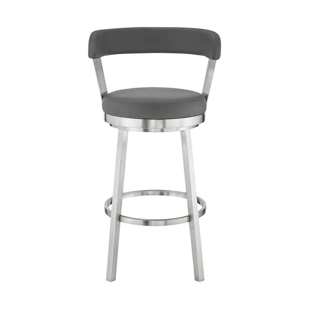 Armen Living - Kobe 26in Counter Height Swivel Bar Stool in Brushed Stainless Steel Finish and Gray Faux Leather - 721535761807 veiw 2